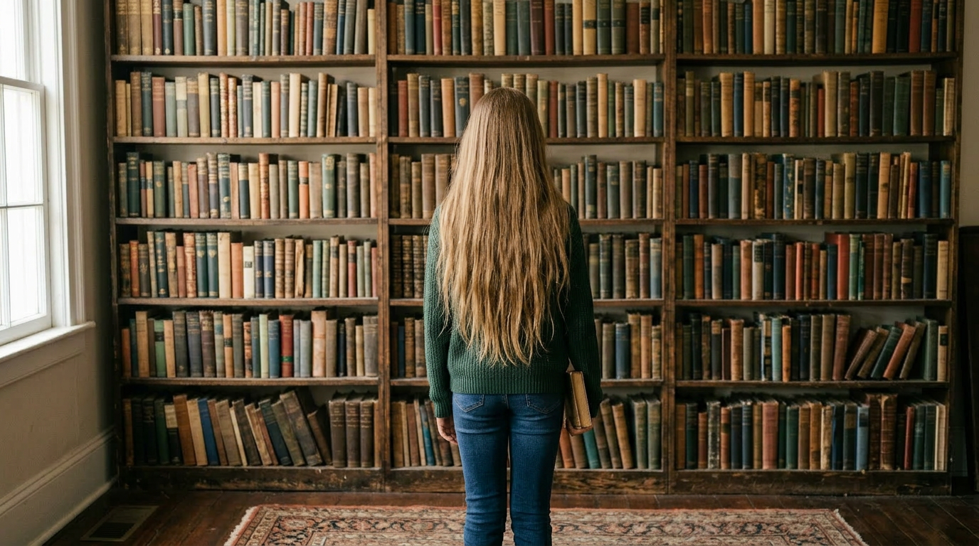 Young girl in green sweater holding a book titled 'The Electric Glow' standing in front of a large bookshelf