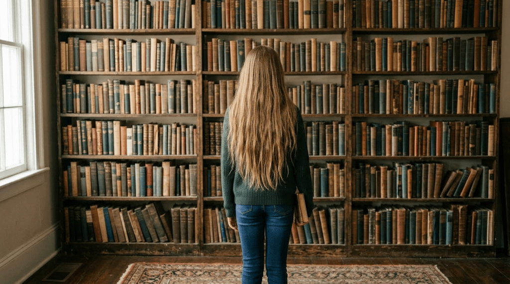 Young girl in green sweater holding a book titled 'The Electric Glow' standing in front of a large bookshelf